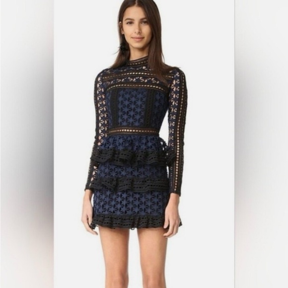 Self-Portrait Navy Lace Long Sleeve Dress - Picture 2 of 8